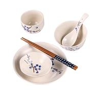 Hoement Japanese Dinnerware Set for One Person 6 Pcs Eco-Friendly Ceramic and Wooden Tableware with Bowl Plate Cup Spoon and Chopsticks in Blue Japanese Style