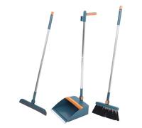 Hoement Long Handle Dustpan and Broom Set with Water-Removing Floor Squeegee Ergonomic Grip Household Cleaning Kit for Indoor Floors TPR Stainless Steel Tools Blue Set