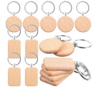 Hoement Unfinished Timber Keyrings 10 Pcs Wooden Keychain Blanks Rectangle Round Shapes, Suitable for Etching and Painting for Crafts and Personalised