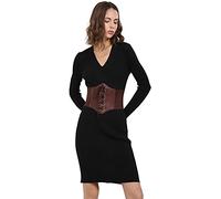 Hoerev Women Girls Elastic Wide Band Elastic Tied Waspie Corset Waist Belt,Brown with button,3XL