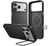 Hoerrye for iPhone 17 Pro Case with Integrated Camera Stand, Black | Carbon Fibre Texture Phone Cover, Techwoven Phone Case, Magsafe Compatible, Military Grade Drop Protection