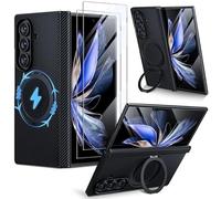 Hoerrye Z fold 7 Case Compatible with MagSafe - [2Pcs Screen Protector] [Military-Grade Drop Protection] Carbon Fiber Magnetic Cover with 360° Adjustable Stand for Samsung Galaxy Z fold 7, Black