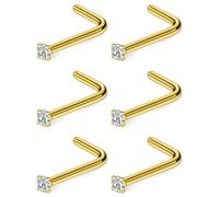 Hoeudjo Nose Studs Surgical Steel Cubic Zirconia Nose Rings Kit for Women Men Tiny Nose Stud Bone & L Shaped Nostril Piercing Jewelry 24 Gauge 6 Pieces Set, Metal, cubic zirconia