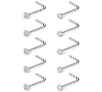 Hoeudjo Nose Studs Surgical Steel Cubic Zirconia Nose Rings Kit for Women Men Tiny Nose Stud Screw & Bone & L Shaped Nostril Piercing Jewelry 24-18 Gauge 10 Pieces, 24g/2.0mm clear CZ, Metal, cubic