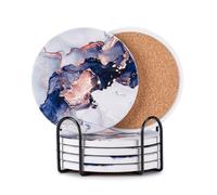Hoewina 6Pcs Drink Coasters with Holder, Marble Style Ceramic Drink Coaster, Absorbent Coasters Set Suitable for Kinds of Cups, Modern Style Coasters for Coffee Table, 4 Inches（Render Style）