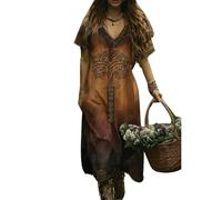 HOFAHOVA Viking Womens Dresses Maxi Medieval Renaissance Tree of Life V-Neck Short Sleeve Summer Long Dress