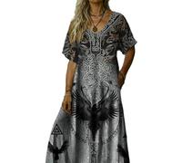 HOFAHOVA Viking Womens Dresses Maxi Medieval Renaissance Tree of Life V-Neck Short Sleeve Summer Long Dress