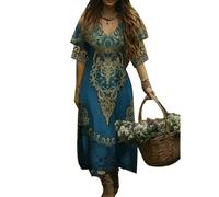 HOFAHOVA Viking Womens Dresses Maxi Medieval Renaissance Tree of Life V-Neck Short Sleeve Summer Long Dress