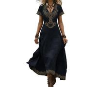 HOFAHOVA Viking Womens Dresses Maxi Medieval Renaissance Tree of Life V-Neck Short Sleeve Summer Long Dress