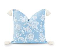 Hofdeco Premium Coastal Hampton Style Patio Indoor Outdoor Cushion Cover, Throw Pillow Cover Only, 18''x18'' Water Resistant for Backyard, Couch, Baby Blue Floral Tassel
