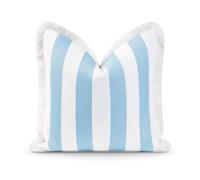 Hofdeco Premium Coastal Hampton Style Patio Indoor Outdoor Cushion Pillow Cover Only, 20''x20'' Water Resistant for Backyard, Couch, Baby Blue Stripe Fringe