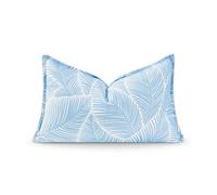 Hofdeco Premium Coastal Hampton Style Patio Indoor Outdoor Lumbar Pillow Cover Only, 12"x20" Water Resistant for Backyard, Couch, Baby Blue Palm Leaf