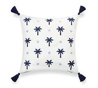 Hofdeco Premium Coastal Hampton Style Patio Indoor Outdoor Pillow Cover Only, 20"x20" Water Resistant for Backyard, Couch, Navy Blue Baby Embroidered Palm Tree Tassel