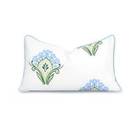 Hofdeco Premium Coastal Patio Indoor Outdoor Lumbar Pillow Cover Only, 12"x20" Water Repellent for Backyard, Couch, Baby Blue Green Floral with Piping