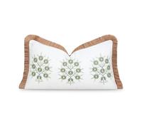 Hofdeco Premium Coastal Patio Indoor Outdoor Lumbar Pillow Cover Only, 12"x20" Water Repellent for Backyard, Couch, Green Embroidered Floral with Fringe