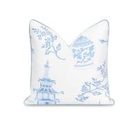 Hofdeco Premium Coastal Patio Indoor Outdoor Lumbar Pillow Cover Only, 20"x20" Water Repellent for Backyard, Couch, Baby Blue Chinoiserie with Piping