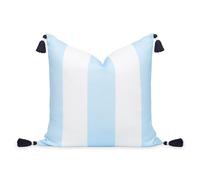 Hofdeco Premium Coastal Patio Indoor Outdoor Throw Cushion Cover Only, 20''x20'' Water Repellent for Backyard, Couch, Baby Blue Wide Stripes with Tassels