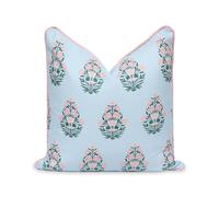 Hofdeco Premium Coastal Patio Indoor Outdoor Throw Pillow Cover Only, 18"x18" Water Repellent for Backyard, Couch, Baby Blue Blush Pink Floral with Piping