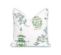 Hofdeco Premium Coastal Patio Indoor Outdoor Throw Pillow Cover Only, 20"x20" Water Repellent for Backyard, Couch, Baby Blue Green Chinoiserie with Piping