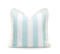 Hofdeco Premium Fall Coastal Patio Indoor Outdoor Pillow Cover Only, 20"x20" Water Repellent for Backyard, Couch, Muted Aqua Stripe Fringe