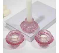 HofferRuffer Candlestick Holders Set of 3,Glass Candle Holders for Taper Candles & Tealight Candles Pink