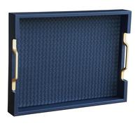 HofferRuffer Faux Leather Rectangle Serving Tray Decor Platter with Gold Metal Handles for Coffee Table, Breakfast, Tea, Food, Countertop, Kitchen, Butler Tray, 16.2 x 12.2 x 2 inches (Navy Blue)