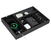 HofferRuffer Faux Leather Valet Tray for Gift,Nightstand Organizer Decorative Dresser Tray Box with Phone Charging Station Organizer Holder, Storage Catchall Tray for Men and Women (Black Organizer)
