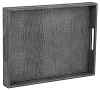 HofferRuffer Rectangle Serving Tray with Hole Handles for Coffee Table, Breakfast, Tea, Food, Butler - Countertop, Kitchen, Vanity Serve Tray, 16.2 x 12.2 x 2 inches, Faux Leather Tray (Dark Grey)