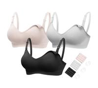 HOFISH Women's Maternity Nursing Bras Seamless 3 Pack Deep V Neck Push Up Bra for Breastfeeding with Extenders & Clips(BlackGreyElegantPink,L)