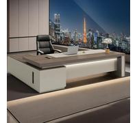 HOFMSX L-Shape Executive Desk, Modern Wood Office Desk with Storage, LED Light, Cable Management (Oak Right Cabinet, 79" L*32" W*30" H)
