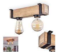 hofstein Ceiling Light Montgomery, Modern Ceiling lamp Made of Metal/Wood in Black/Nature, Light in Industrial Style, Retro/Vintage Light 2-Flame with Wooden Beam, 2 x E27 Socket. Without Bulbs