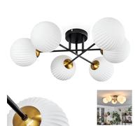 HOFSTEIN Chehalis Ceiling Light, Ceiling lamp Made of Metal/Fluted Glass in Black/Gold Colour/White, luminaire in Modern Retro/Vintage Design with Glass Shades (Ø 15 cm), 6 x G9, Without Bulbs