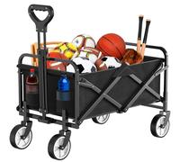 HOFTME Foldable Cart on Wheels, Folding Wagon Large Capacity All Terrain Wheels with Adjustable Handle & Cover Bag, Picnic Transporter for Holiday Shopping Outdoor Camping Garden Beach (Black-1)