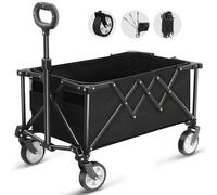 HOFTME Folding Trolley With Wheels,Folding Wagon 100L Capacity All Terrain Wheels with Adjustable Handle & Cover Bag, Picnic Transporter for Holiday Shopping Outdoor Camping Garden Beach (Black)