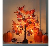 hogardeck Fall Decorations for Home, Thanksgiving Decorations, 24”2FT Lighted Maple Leaves Tree with 24 LEDs & 12 Wood Pumpkin Ornaments, Battery Powered Timer Artificial Trees for Autumn Table Decor