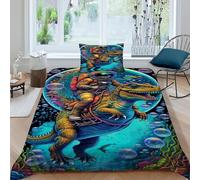 HOGDISAJD Astronaut Dinosaur Double Duvet Cover Cartoon Style Three-Dimensional Set 2 Pcs With One Pillow Case, Premium Brushed Microfiber for Kids Teenage Single（135x200cm）