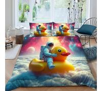 HOGDISAJD Duck Astronaut Double Duvet Cover Colorful Sky 3D Print Set 3 Pcs With Zipper Double Pillow Case, Boys Bedding Double（200x200cm）