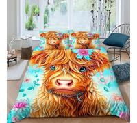 HOGDISAJD Highland Cow Double Duvet Cover Cute Animals Stereoscopic Set 3 Pieces Sets With Pillow Case, Premium Brushed Microfiber for Kids Teenage Double（200x200cm）