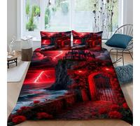 HOGDISAJD Rose Castle Double Duvet Cover Red Three-Dimensional Set 3 Pcs With Double Pillow Case, Premium Brushed Microfiber Boys Bedding Super King（260x220cm）