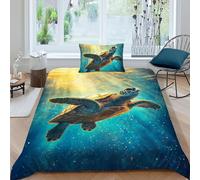 HOGDISAJD Sea Turtle Double Duvet Cover Sunrise 3D Print Set 2 Pcs With Zipper One Pillow Case, for Kids Teens Set Single（135x200cm）