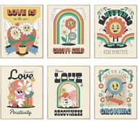HOGEBIG Bright Groovy Wall Art Prints 70s Retro Hippie Room Decor Poster with Psychedelic Landscapes in the Arch, Cheerful Flowers Vintage Prints (8"x10" UNFRAMED, Style C)