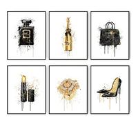 HOGEBIG Fashion Art Watercolour Splash Gold Champagne Black Perfume Bottle Lipstick High Heel Wall Art Prints Posters Girly Room Decor Bedroom Wall Decor (11"x14" UNFRAMED)