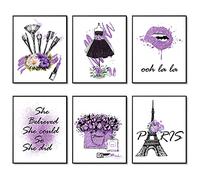 HOGEBIG Purple Makeup Posters Fashion Paris Prints Wall Art Makeup Room Artwork Set of 6 Perfume Flower Lipstick Canvas Art Posters Girl Room Decor for Bedroom (8"x10" UNFRAMED)