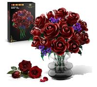 HOGOKIDS 15 Burgundy Roses Flowers Bouquet Building Set for 8+ Girls Adults | 330PCS Gothic Deep Red Rose Botanical Collection Building Blocks Artificial Flower Home Decor Display Birthday Gift for Her