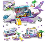 HOGOKIDS 3-in-1 Friends Airplane Building Toy Set - 808PCS Plane/Boat/Camper Van Building Toys with Cute 6 Mini Animals, Slide, Fun Accessories and Stickers, Birthday Gifts for Girls Boys Age 8-12+