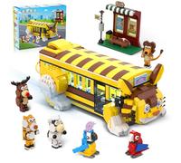 HOGOKIDS Cat School Bus Building Set with Light - 1319PCS City Bus Adventure Building Toy with 6 Animals & Station, Creative Cute Lion Parrots Elk Dairy Cow Tiger Blocks Playset Surprise Gift for Kids