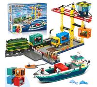 HOGOKIDS City Port with Container Crane Construction Toy - Ship, Train, Truck, 4 Containers with Cargo Port Building Blocks | Technology Toy for Adults Teen Children, Girls Boys from 8+ Years (1373