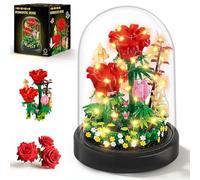HOGOKIDS Flower Building Set with LED Light & Cover - 596 PCS Red Rose Bouquet Kits Botanical Building Blocks Mother's Day Birthday Gifts Mini Bricks for Mom Wife Girlfriend Adults Home Decor Display