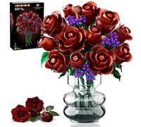 HOGOKIDS Flowers Bouquet Building Set - 15 Burgundy Roses Valentine's Day Gfit for Her, 330PCS Deep Red Rose Botanical Collection Building Blocks Artificial Flower Home Office Decor for Adults Kids 8+