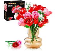 HOGOKIDS Flowers Bouquet Building Set with Lights - 16 Roses Bouquet Botanical Building Blocks Artificial Red Roses Flower for Home Decor Christmas Birthday Gifts for Girls Adults - 387PCS (PINK)